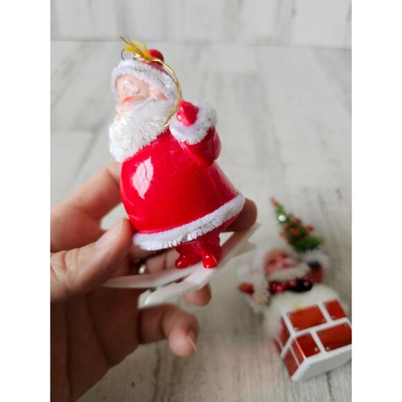 Vintage flocked Santa skier plastic chimney tree ornament beaded Xmas Santa with - Picture 3 of 15